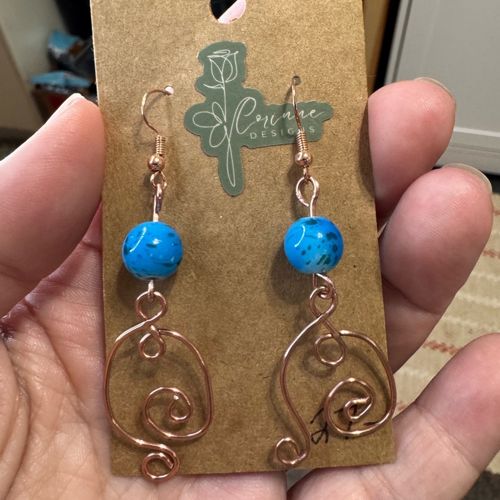 Brown and Blue Teardrop Earrings with Swirled Wire Design